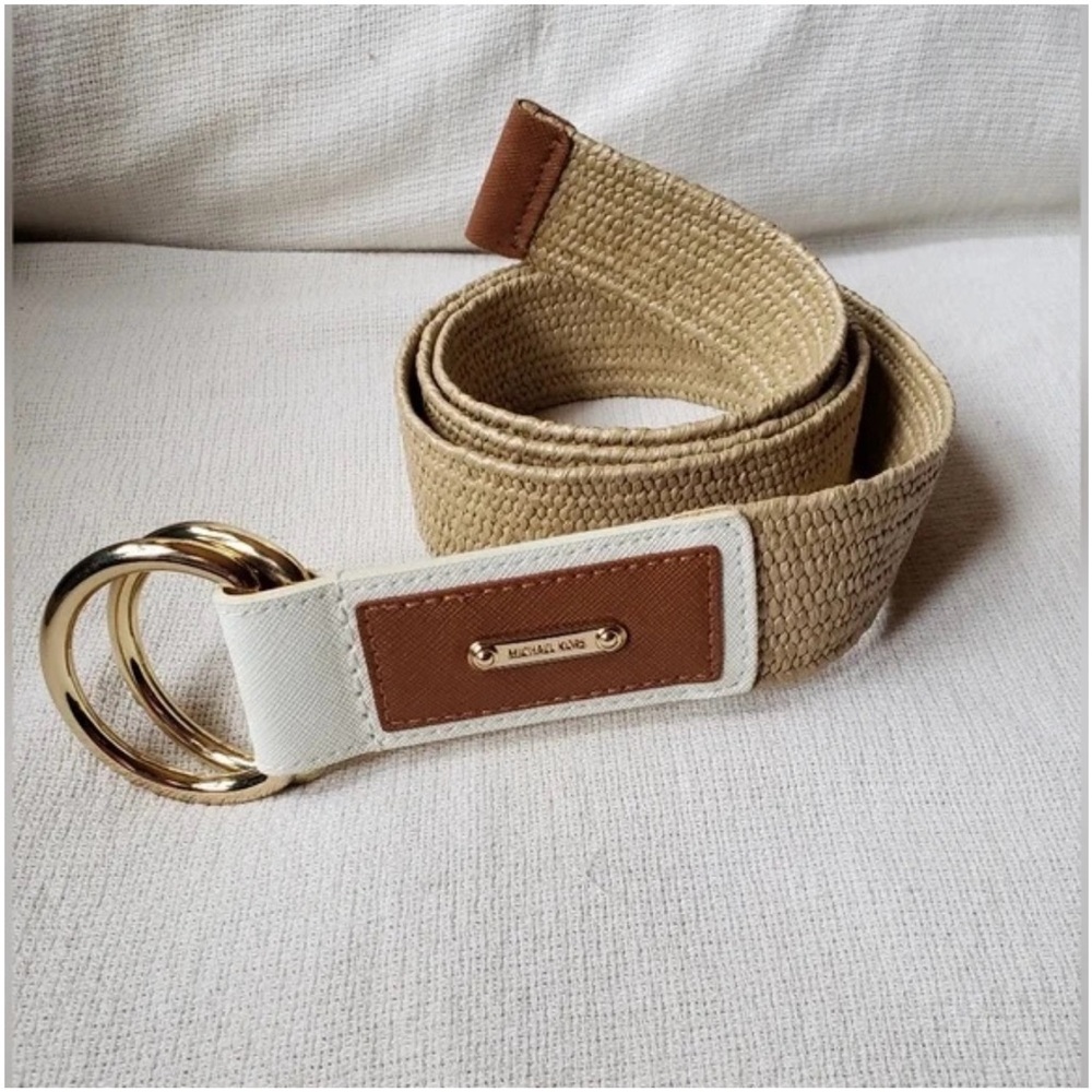 Michael Kors Beige Woven Belt with Gold Accents